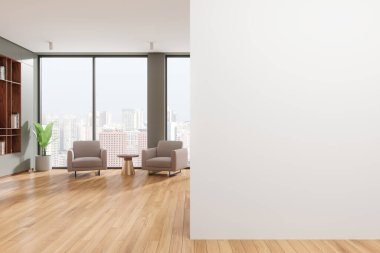 Modern oturma odası koltuklu iç mekan, dekorasyonlu raf. Buluşma ya da dinlenme alanı. Singapur gökdelenlerinin panoramik penceresi. Boş duvar bölmesini düzenle. 3B görüntüleme