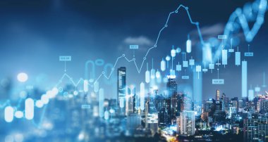 Bangkok gece şehir manzarası ve ön market hologramı, şamdanlar, dinamikler ve istatistikler, rakamlı bar tablosu. Para yatırımı, ticaret ve kar kavramı