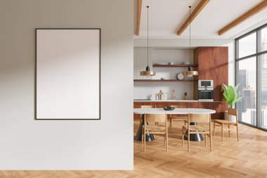 Duvarında boş bir poster modeli olan modern mutfak, ahşap mobilyalar, hafif arka plan, ev dekorasyonu konsepti. 3B Hazırlama