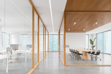 Modern ofis içi cam duvarlar, ahşap çerçeveler ve tavan, beton zemin, büyük pencereler, aydınlatma konsepti. 3B Hazırlama