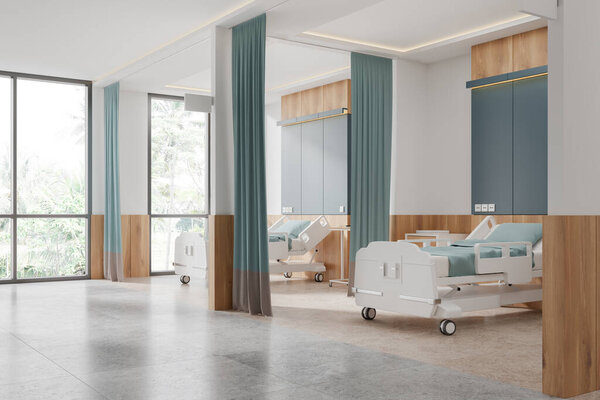 Больничная палата с двумя пустыми кроватями, бирюзовыми шторами, деревянными акцентами и большими окнами, ярко освещёнными, медицинскими услугами. 3D рендеринг