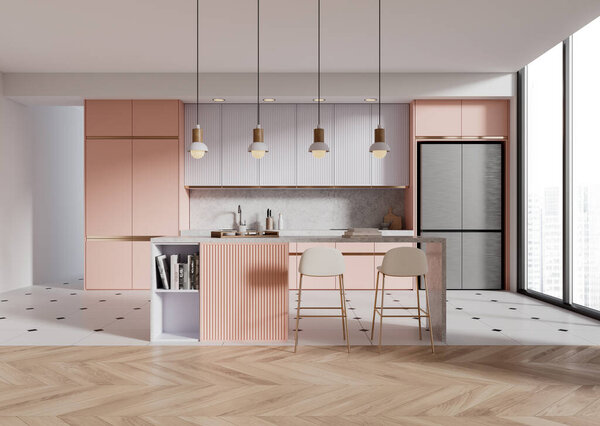 Modern kitchen with pink and white cabinets, minimalist design, wooden floor. Concept of interior design. 3D Rendering