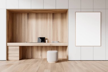 Pouf, çalışma masası ve minimalist dekorasyonlu dizüstü bilgisayarı olan rahat bir çalışma alanı. Modern apartmanda minimalist bir işyeri. Tuvalin maketi posteri. 3B görüntüleme