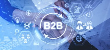 İş adamları el sıkışma silueti, çift pozlama b2b parlayan hologram hud ikonlar, kontrat işareti. Finansal pazarlama, iş dünyası ve İnternet ağı kavramı