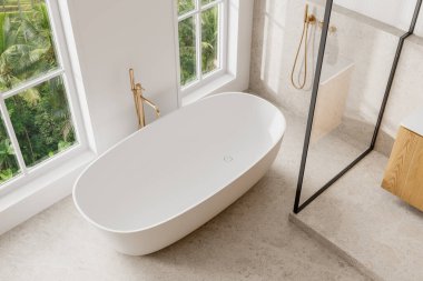 Otel banyosunun en iyi manzarası banyo küveti, cam duş, beton zemin. Modern dairede banyo köşesi. Tropik bölgelerde panoramik pencere. 3B görüntüleme