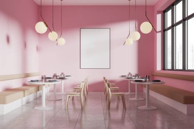 Pembe kafenin içinde sıra sıra sandalye ve masalar, kanepe ve beton zemin var. Panoramik pencereli minimalist restoran yeme alanı. Tuvalin posterini hazırla. 3B görüntüleme