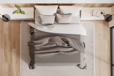 Otelin yatak odası manzarası yatak odası, döşemesi dekorasyon ve halı kaplı komodin. Panoramik pencereli rahatlama alanı. 3B görüntüleme