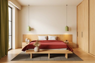 Bej rengi bir otel odası, yataklı bir yatak odası, dekorasyonlu ve banklı bir komodin, ahşap döşeli bir halı. Ahşap gardırobu ve tropik bölgelerde panoramik penceresi olan bir uyku odası. 3B görüntüleme