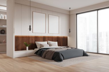 Ev yatak odası, yatak odası, komodin, ahşap döşeme halısı. Bej renkli uyku odası ve panoramik pencereli raf. Sıraya dizilmiş iki tane tuval posteri. 3B görüntüleme