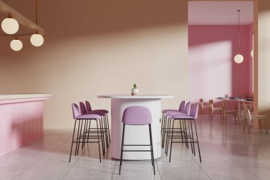 Pembe sandalyeli, yuvarlak masalı, minimalist tasarımlı, parlak ışıklandırmalı, çağdaş yemek alanı kavramına sahip modern bir kafe. 3B Hazırlama
