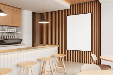 Mutfak dolabı, bar adası ve taburesi olan klasik restoran manzarası. Yemek masası ve beton zeminde sandalyeler. Tuvalin maketi posteri. 3B görüntüleme