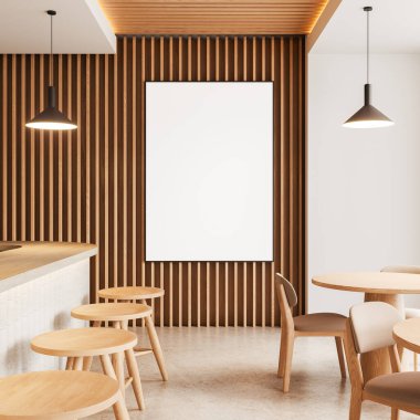 Bar adası, taburesi, yemek masası ve beton zeminde sandalyeleri olan modern bir restoran. Süslü kafe yeme alanı ve ahşap panellerdeki tuval posterleri. 3B görüntüleme