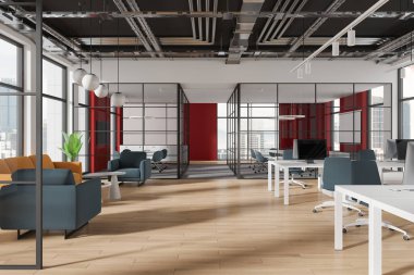 Ofis içi çalışma ve cam toplantı odası, sıralarda bilgisayar monitörleri ve koltuklar. Kuala Lumpur gökdelenlerinde rahatlama yeri ve panoramik pencere. 3B görüntüleme