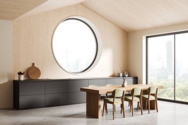 Ahşap mutfak manzarası, yemek masası, sandalyeler, mutfak gereçleri. Bangkok 'ta geniş bir panoramik pencere var. 3B görüntüleme