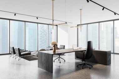 Çalışma alanı, masa ve dizüstü bilgisayarın olduğu köşedeki iç mekan. Koltukları ve kahve masası olan rahat bir bölge. Singapur gökdelenlerinin panoramik penceresi. 3B görüntüleme