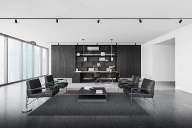 Minimalist siyah mobilyaları ve geniş pencereleri olan modern ofis iç mimarisi, çağdaş tarzda, açık arka planda. Çalışma alanı tasarımı kavramı. 3B Hazırlama