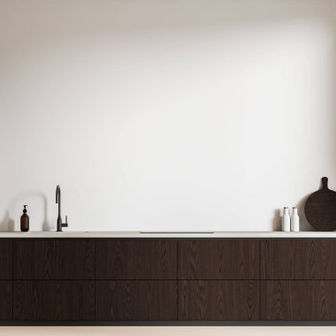 Minimalist ev mutfağı. Koyu ahşap dolabı, lavabosu, ocağı ve mutfak gereçleri tezgahta. Modern dairede yemek pişirme yeri. Boşluk duvarını kopyala. 3B görüntüleme