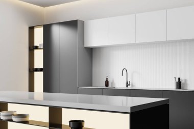 Siyah beyaz ev mutfağının iç mekan adasının köşesi. Raflı ve bulaşıklı yemek dolabı. Lüks dairede minimalist mobilyaları olan bir yemek alanı. 3B görüntüleme