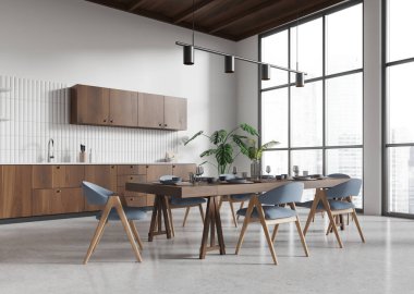 Köşe manzaralı ev mutfağı, sandalyeler ve yemek masası, gökdelenlerin panoramik penceresi. Dolap ve bitkilerle yemek yeme ve pişirme alanı. 3B görüntüleme