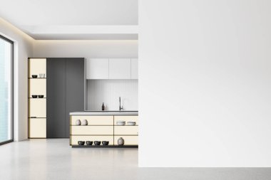 Bar adası ve tabakları olan şık bir ev mutfağı, gökdelenlerin panoramik penceresinin yanında mutfak malzemeleri olan siyah ve beyaz mutfak dolabı. Boş duvar bölmesini düzenle. 3B görüntüleme