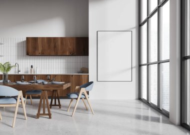 Beyaz ve ahşap mutfak iç yemek masası, tabaklar ve sandalyeler. Lavabosu ve gökdelenleri panoramik pencereli ahşap yemek dolabı. Tuvalin posterini hazırla. 3B görüntüleme