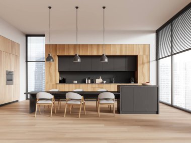 Ahşap ev mutfağı, siyah yemek masası ve ada, ahşap zemin üzerinde sandalyeler. Mutfak gereçleri ve raflarla dolu yemek dolabı. Singapur gökdelenlerinin panoramik penceresi. 3B görüntüleme