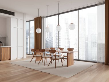 Mutfak manzarası, yemek masası, sandalyeler, dolaplı yemek ve yemek odası. Singapur gökdelenlerinin panoramik penceresi. 3B görüntüleme