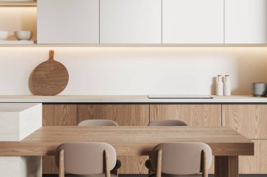 Konforlu ev mutfağı yemek masası, sandalyeler, mutfak gereçleriyle dolu beyaz ve ahşap mutfak dolabı. Modern apartmandaki yemek alanının kapanışı. 3B görüntüleme