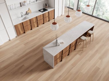 Bar adası ve sandalyelerle dolu rahat otel mutfağı manzarası lavabo, soba ve mutfak gereçleri. Panoramik pencerenin yanında beyaz ve ahşap yemek alanı. 3B görüntüleme