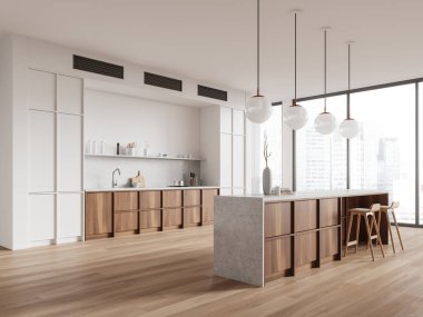 Ahşap dolapları ve bar tabureleri olan modern bir mutfak, parlak bir odada geniş pencereler, minimalist stil, şehir manzarası, mutfak iç mimarisi. 3B Hazırlama
