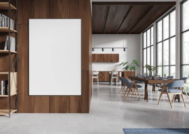 Yemek dolabı, yemek masası ve sandalyeleri olan şık bir ev mutfağı. Tropik bölgelerde panoramik pencere. Süslü raflar ve tuval posterleri. 3B görüntüleme