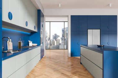 Boyalı ev mutfağı tezgahı, yemek dolabı rafları, buzdolabı, mutfak gereçleri. New York gökdelenlerinin panoramik penceresi. 3B görüntüleme