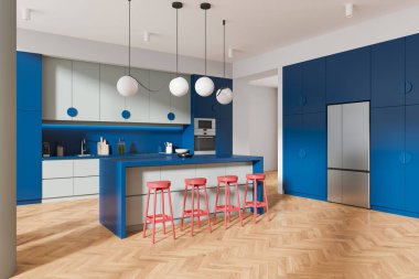 Bar adası ve koltuklu ev mutfağı manzarası, ahşap zeminde mutfak gereçleri ve buzdolabı olan dolap. Çağdaş bir dairede yemek pişirme ve yeme alanı. 3B görüntüleme