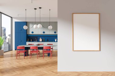 Renkli ev yapımı mutfak masası ve kırmızı sandalyeler. New York gökdelenlerinde mutfak malzemeleri ve panoramik pencereli mavi yemek dolabı. Tuvalin posterini hazırla. 3B görüntüleme