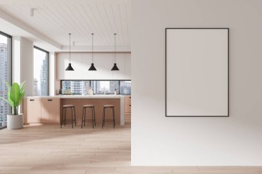 Bar tezgahı ve sandalyeleri olan şık bir ev mutfağı. Dolap, bitki ve gökdelenlerin panoramik pencereleriyle yemek pişirme alanı. Duvar bölmesindeki tuval posterini taklit et. 3B görüntüleme
