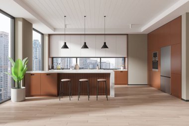 Geniş pencereli modern mutfak tasarımı, iyi ışıklandırılmış arka planda siyah kolye ışıkları olan minimalist tasarımı gösteriyor. Çağdaş yaşam kavramı. 3B Hazırlama