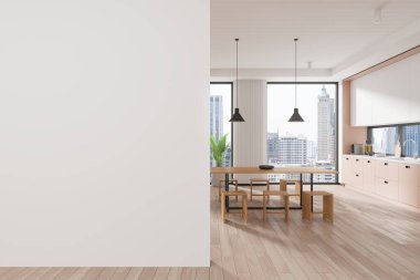 Şık ev mutfağı yemek masası sandalyeler, yemek dolabı ve Bangkok gökdelenlerinde panoramik pencere. Boş duvar bölmesini düzenle. 3B görüntüleme