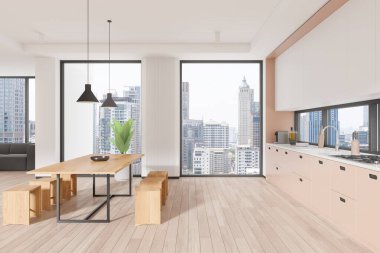 Parlak, düz bir stüdyo, yemek masası, koltuklar, dolaplar ve koltuklar parke zeminde. Gökdelenlerin panoramik penceresiyle yemek pişirme ve rahatlatma alanı. 3B görüntüleme
