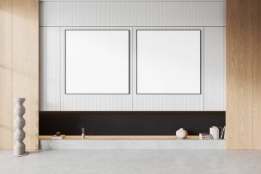 Modern oturma odasının içinde duvarında iki boş poster, açık ahşap paneller ve minimalist dekor var. Poster modelinin konsepti. 3B Hazırlama