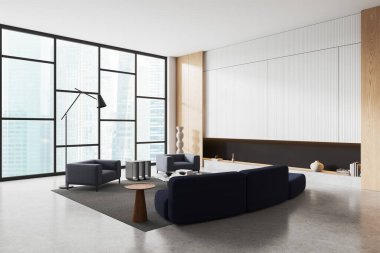 Ev manzarası rahat iki koltuk ve kanepe, raf ve dekorasyonlu kahve masası. Singapur gökdelenlerinde panoramik pencere, beton zeminde halı. 3B görüntüleme