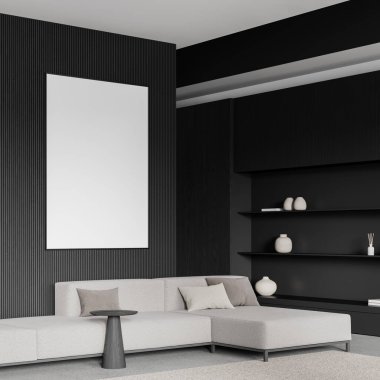 Siyah oturma odasının köşesindeki gri kanepe, kahve masası ve minimalist dekorasyonlu raf. Duvara uzay posterini kopyala. 3B görüntüleme