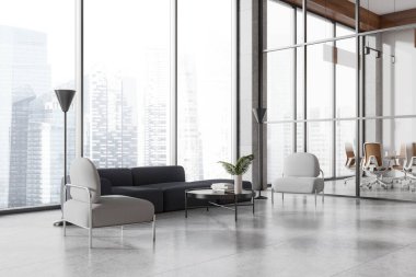 İş manzarası, yumuşak bir yer, koltuklar ve sehpası olan kanepe. Singapur gökdelenlerindeki cam toplantı odası ve panoramik pencere. 3B görüntüleme