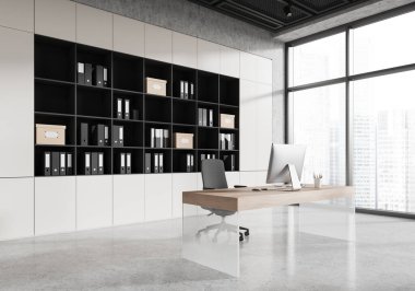 Masasında bilgisayar, gri beton zeminde koltuk olan CEO 'nun iç mekan manzarası. Raflı modern yönetmenin odası. Gökdelenlerin panoramik penceresi. 3B görüntüleme