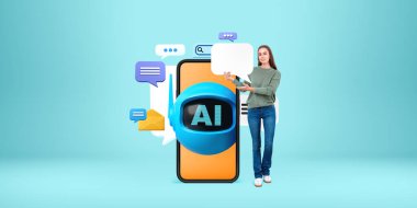 Gülümseyen kadın, robot simgesi ve web arama pencereleriyle telefon ekranının yanında duran sahte bulutlar sergiliyor. Sanal asistan, sohbet robotu ve iletişim kavramı