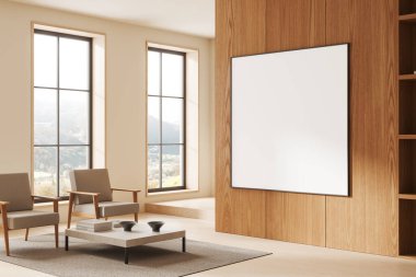 Ahşap duvarında boş çerçeveli poster olan modern oturma odası, ışık arka plan, sanat modeli. 3B Hazırlama