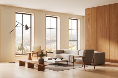 Oturma odası manzarası kanepe ve iki koltuk, halıda sanat süsleri olan kahve masası, ahşap zemin. Kırsal kesimde panoramik pencere. 3B görüntüleme