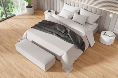 Otelin yatak odası manzarası yatak odası, çarşaf ve dekoratif komodin, ahşap döşeme. Tropik bölgelerde panoramik pencerelerle rahatlamak. 3B görüntüleme