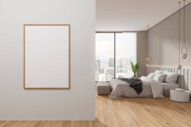 Şık bir ev yatak odası iç yatak odası ve dekorasyon, bank ve bitki komodiniyle. Kuala Lumpur gökdelenlerinde tüllü panoramik pencere. Duvar bölmesindeki tuval posterini taklit et. 3B görüntüleme