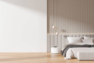 Boş beyaz duvarlı modern yatak odası dekoratif lambalar ve rahat yatak örtüsü, ışık. Ev içi modelleme şablonu kavramı. 3B Hazırlama