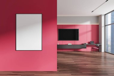 Kırmızı oturma odasının içinde büfe, televizyon ekranı ve masa ve dizüstü bilgisayarı olan bir iş yeri. Gökdelenlerin panoramik penceresi. Bölümde boş tuval var. 3B görüntüleme